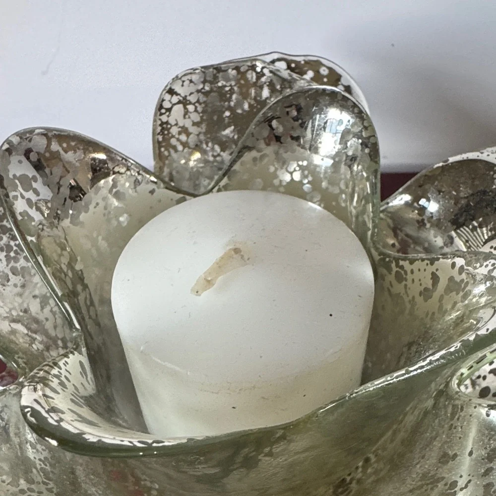 Vintage 2 piece Petal Glass Votive Candle Holder: Silver Splatter Paint Diameter